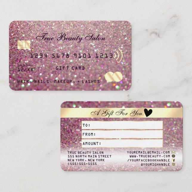 Sparkly Rose Pink Gold Glitter Credit Gift Card (Front/Back)