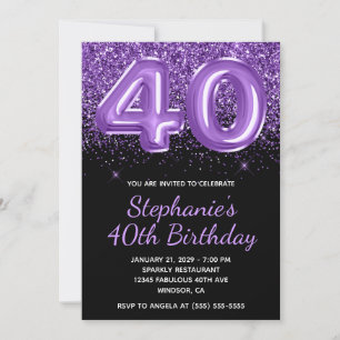 Sparkly Royal Purple Glitter Black Number 40 Invitation