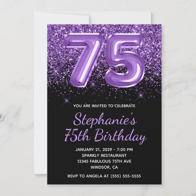 Sparkly Royal Purple Glitter Black Number 75 Invitation (Front)