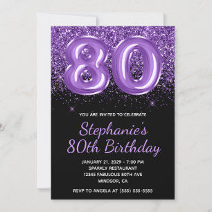 Sparkly Royal Purple Glitter Black Number 80 Invitation