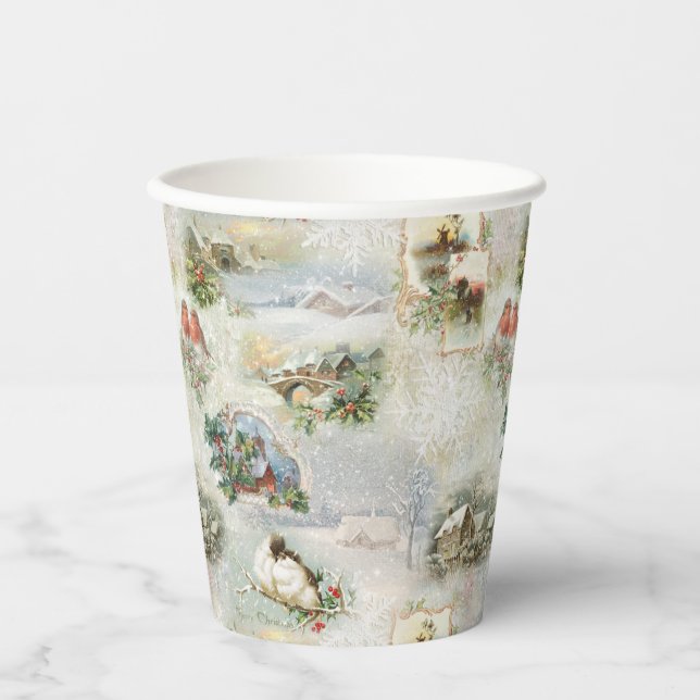 Sparkly Rustic Christmas Winter Scenes Collage Paper Cups (Front)