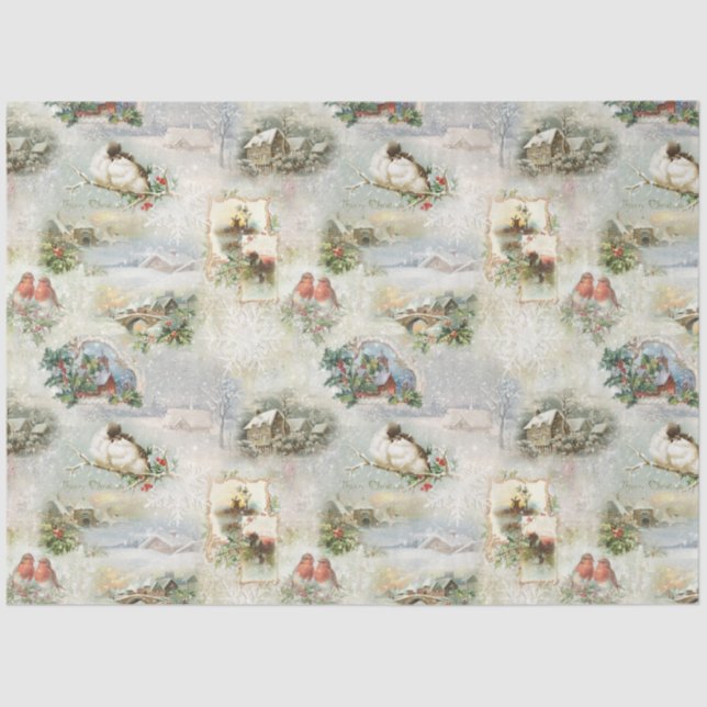 Sparkly Rustic Christmas Winter Scenes Collage Tissue Paper (Front)