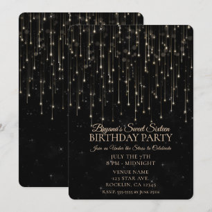 Sparkly Shooting Stars Black Chic Sweet 16 Invitation