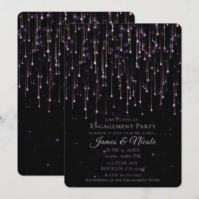 Sparkly Shooting Stars Purple Engagement Party Inv Invitation (Front/Back)
