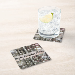 Sparkly Silver and Pink Beads Square Paper Coaster