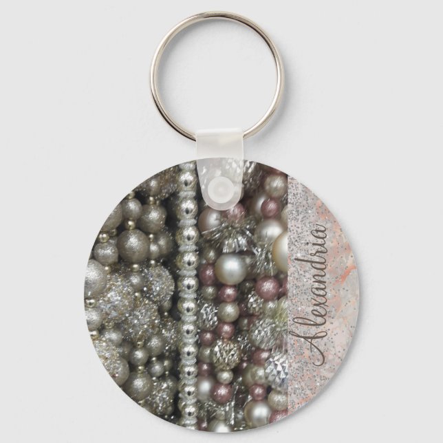 Sparkly Silver and Pink Stringed Beads      Keychain (Front)