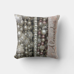 Sparkly Silver and Pink Stringed Beads  Throw Pillow