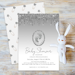 Sparkly Silver Baby Shower Feet Glitter Drips Invitation