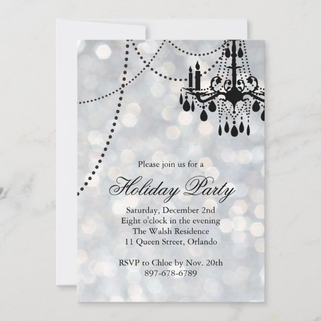 Sparkly Silver Chandelier Holiday Party Invitation (Front)