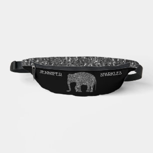 Sparkly silver Elephant Custom name black Fanny Pack