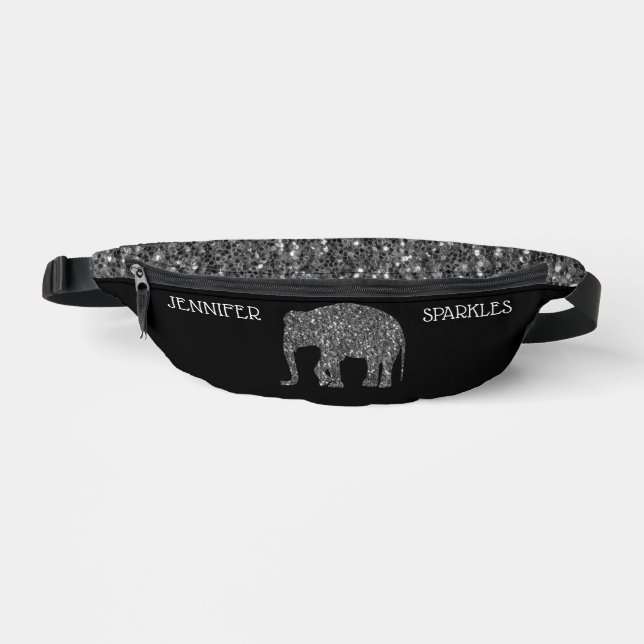 Sparkly silver Elephant Custom name black Fanny Pack (Front)