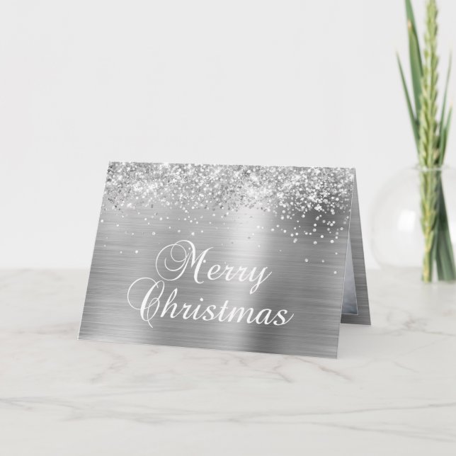 Sparkly Silver Family Photo Merry Christmas Holiday Card (Front)