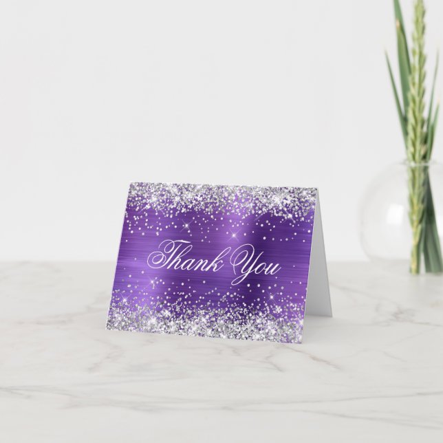 Sparkly Silver Faux Glitter Amethyst Purple Foil Thank You Card (Front)