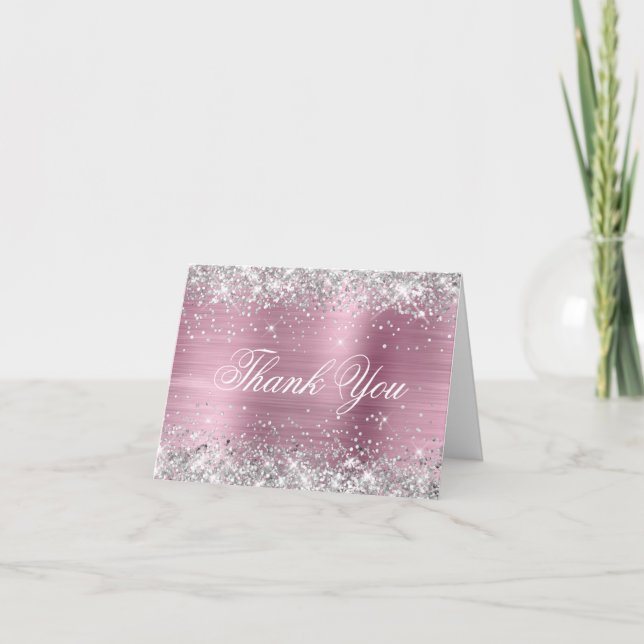 Sparkly Silver Faux Glitter Pretty Pink Foil Thank You Card (Front)