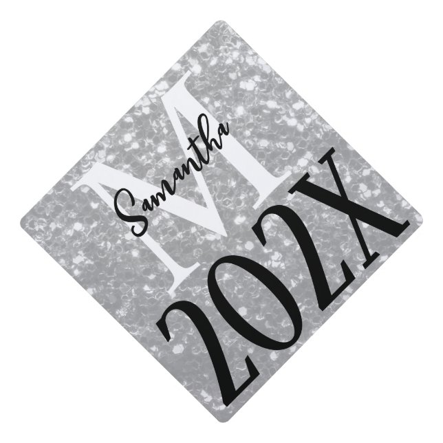 Sparkly silver faux sparkles Monogram Class 2024 Graduation Cap Topper (Front)