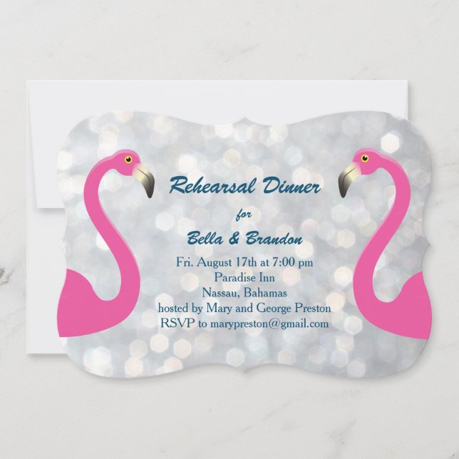 Sparkly Silver Flamingo Rehearsal Dinner Invite (Front)
