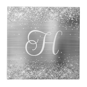 Sparkly Silver Glitter and Foil Monogram Tile