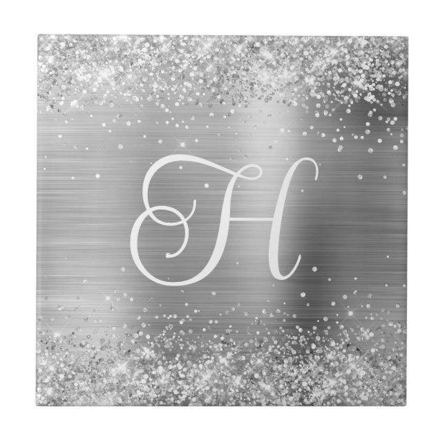 Sparkly Silver Glitter and Foil Monogram Tile (Front)
