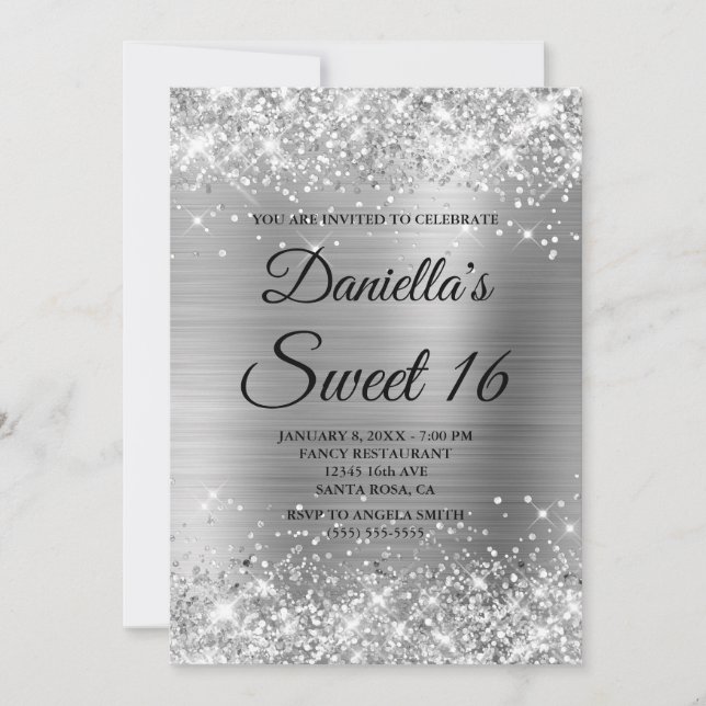 Sparkly Silver Glitter and Foil Sweet 16 Invitation (Front)