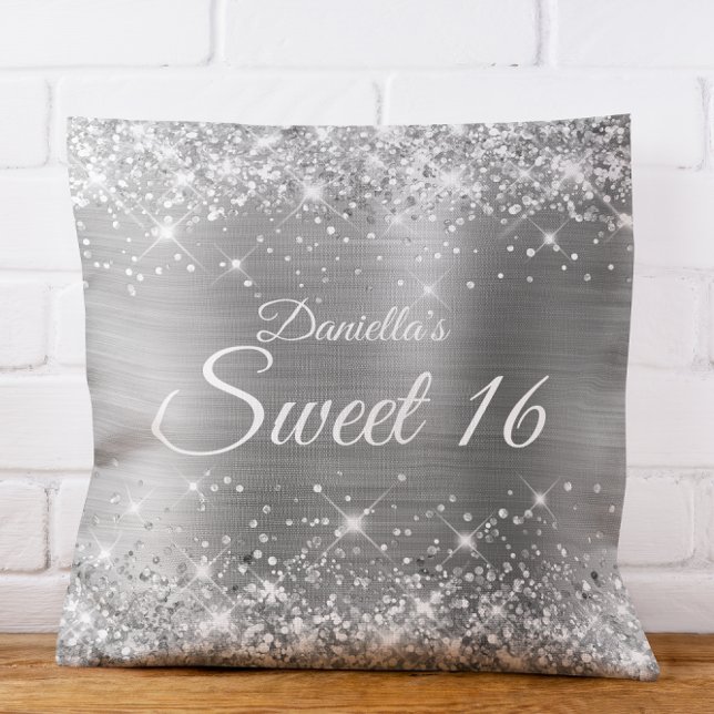 Sparkly Silver Glitter and Foil Sweet 16 Throw Pillow (Sparkly Silver Glitter and Foil Sweet 16 Throw Pillow)