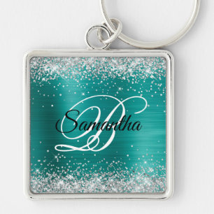 Sparkly Silver Glitter Aqua Teal Foil Monogram Keychain