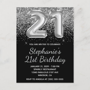 Sparkly Silver Glitter Black Balloon 21st Birthday Invitation Postcard
