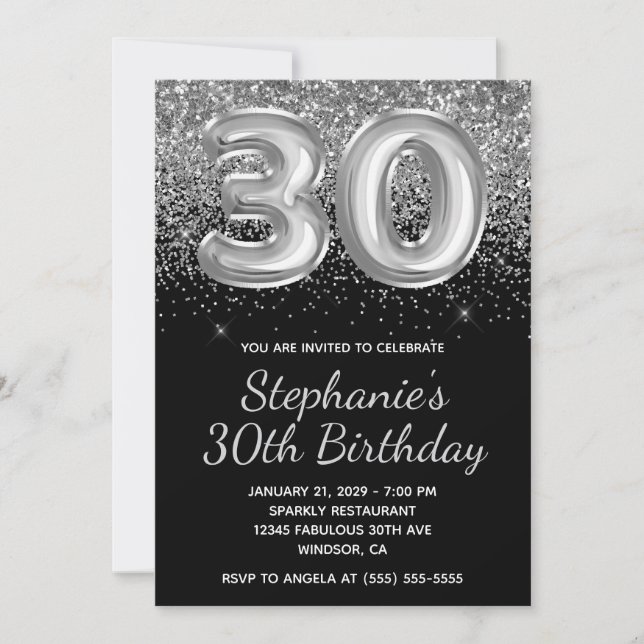 Sparkly Silver Glitter Black Balloon 30th Birthday Invitation (Front)