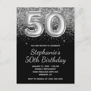 Sparkly Silver Glitter Black Balloon 50th Birthday Invitation Postcard