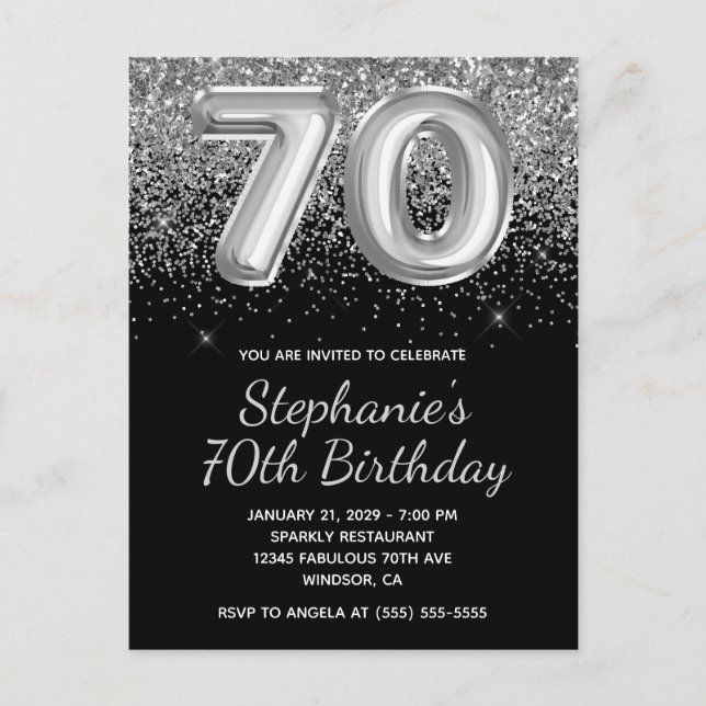 Sparkly Silver Glitter Black Balloon 70th Birthday Invitation Postcard (Front)