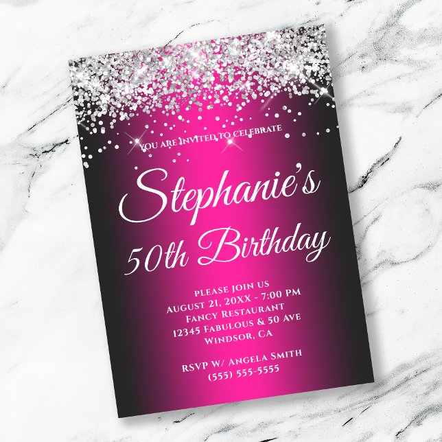 Sparkly Silver Glitter Black Edge Magenta Gradient Invitation (Creator Uploaded)