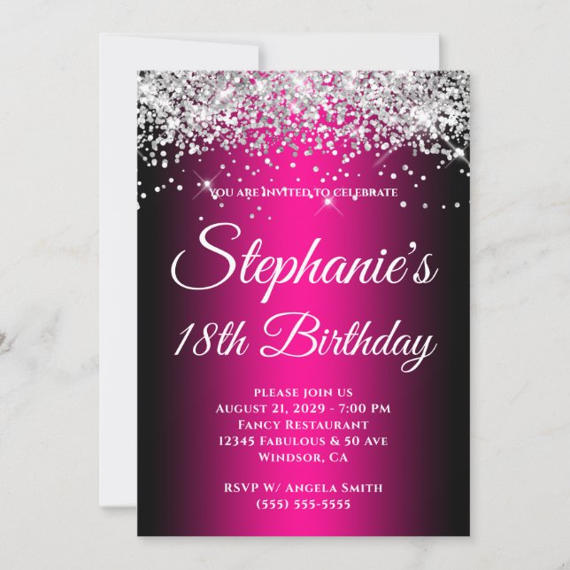 Sparkly Silver Glitter Black Magenta 18th Birthday Invitation (Front)