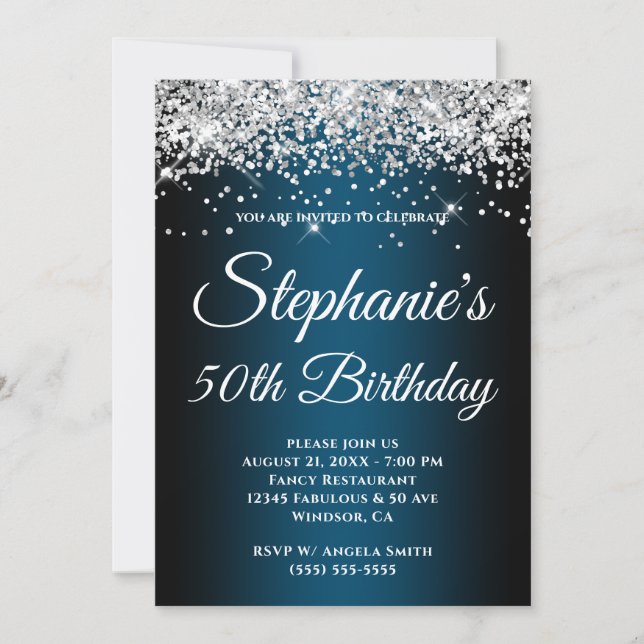 Sparkly Silver Glitter Black Ocean Blue Gradient Invitation (Front)