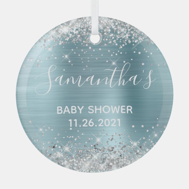 Sparkly Silver Glitter Blue Foil Baby Shower Glass Ornament (Front)
