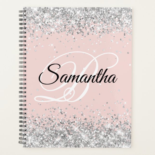 Sparkly Silver Glitter Blush Fancy Monogram Planner (Front)