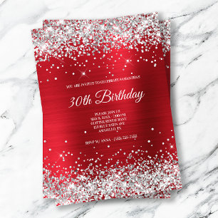 Sparkly Silver Glitter Bright Red Satin Foil Invitation