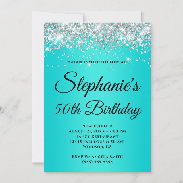 Sparkly Silver Glitter Bright Turquoise Gradient Invitation (Front)