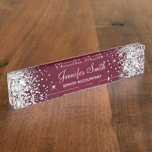 Sparkly Silver Glitter Burgundy Gradient Nameplate