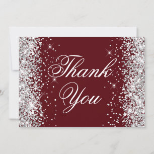 Sparkly Silver Glitter Burgundy Thank You Card