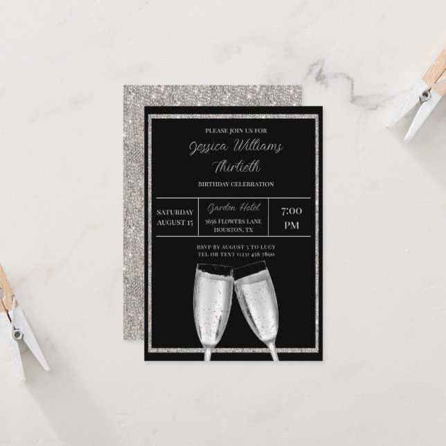 Sparkly Silver Glitter, Champagne Birthday Invitation (Front/Back In Situ)