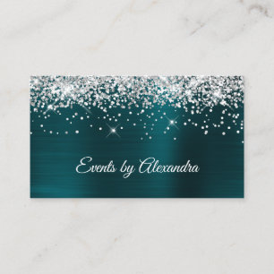 Sparkly Silver Glitter Dark Turquoise Satin Foil Business Card