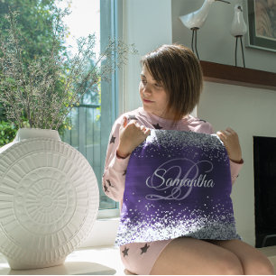 Sparkly Silver Glitter Dark Violet Foil Monogram Throw Pillow