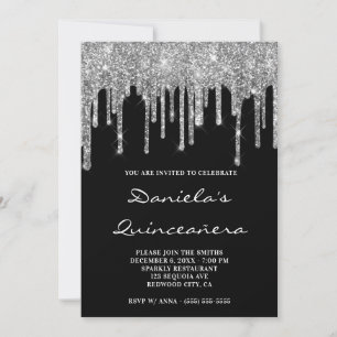 Sparkly Silver Glitter Drips Black Quinceañera Invitation