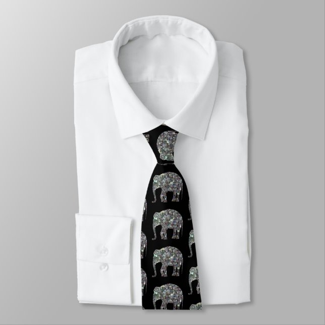 Sparkly silver glitter Elephant pattern on black Tie (Tied)