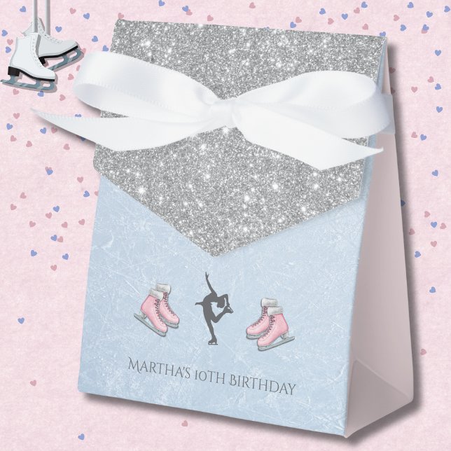 Sparkly Silver Glitter Figure Skater Birthday Favor Box (Elegant Ice Skater Favor Boxes with Silver Glitter and Icy Blue accents)