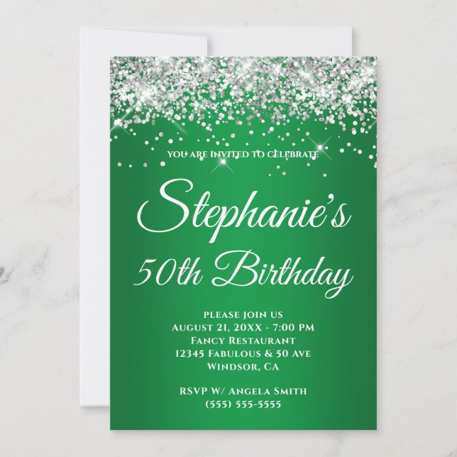 Sparkly Silver Glitter Green Gradient Invitation (Front)