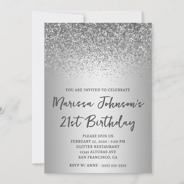 Sparkly Silver Glitter Grey Ombre 21st Birthday Invitation (Front)