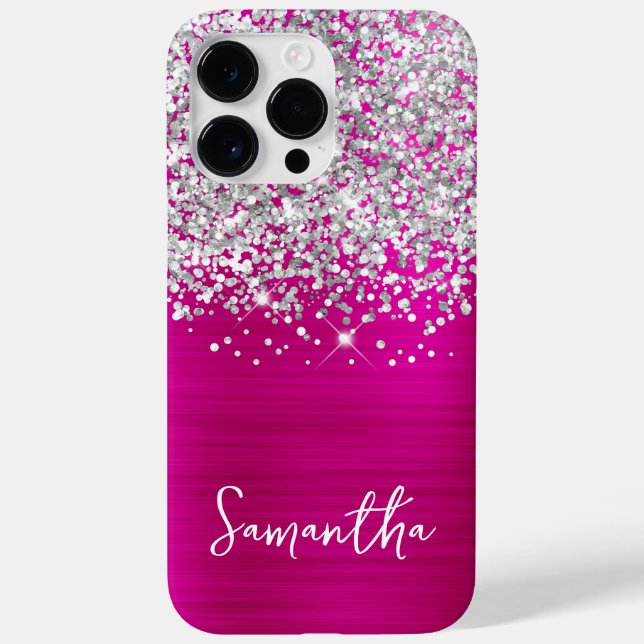 Sparkly Silver Glitter Hot Pink Glam Name Case-Mate iPhone Case (Back)
