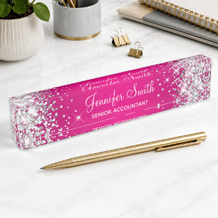 Sparkly Silver Glitter Hot Pink Gradient Nameplate