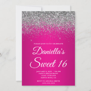 Sparkly Silver Glitter Hot Pink Gradient Sweet 16 Invitation