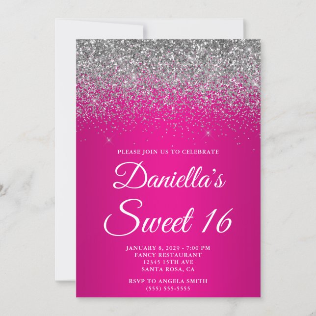 Sparkly Silver Glitter Hot Pink Gradient Sweet 16 Invitation (Front)
